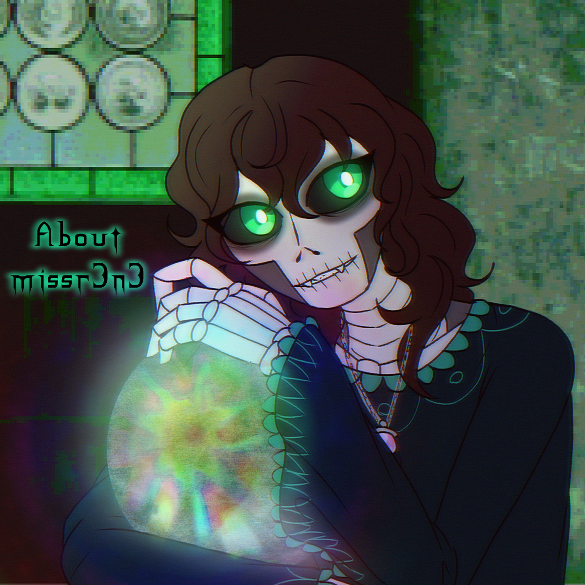 a skeleton woman with green eyes and brown hair, sitting in a dark green castle and holding rainbow quartz orb. text on the side says about missr3n3